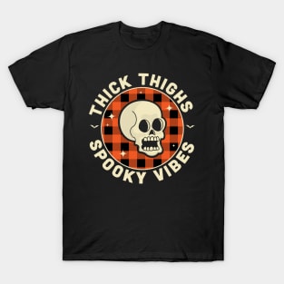 Thick Thighs Spooky Vibes Funny Halloween Skull Orange Plaid T-Shirt